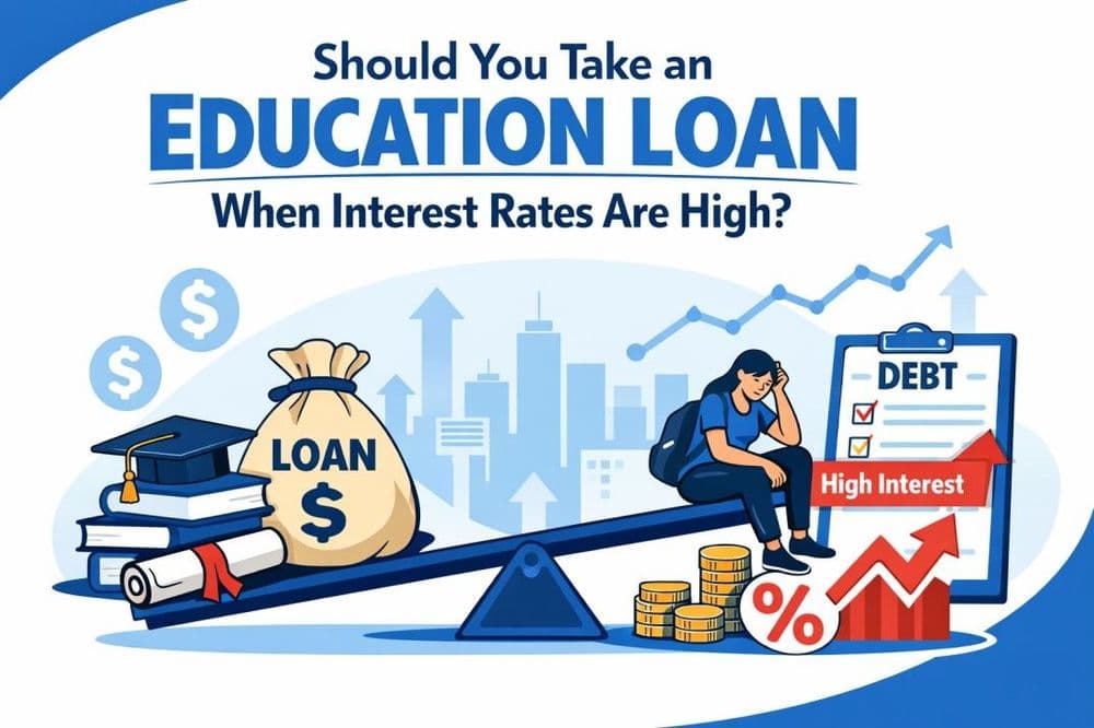 Illustration of a student on a seesaw with a loan bag and education items on one end, high interest debt on the other. Text questions taking loans with high interest rates.