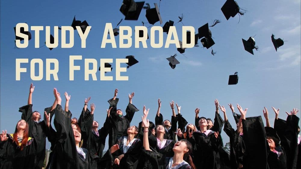 Graduates in caps and gowns joyfully toss their caps into a clear blue sky. Text reads "Study Abroad for Free," conveying excitement and opportunity.