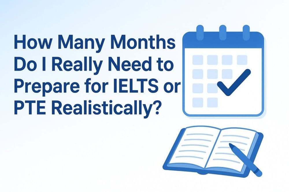 Calendar and book illustrating preparation time for IELTS or PTE exams.
