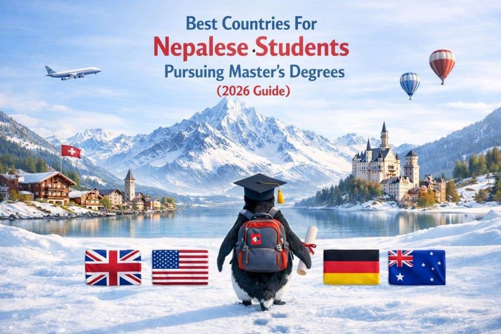 A penguin with a graduation cap and backpack stands before snowy mountains and a castle. Text: "Best Countries for Nepalese Students Pursuing Master's Degrees (2026 Guide)."