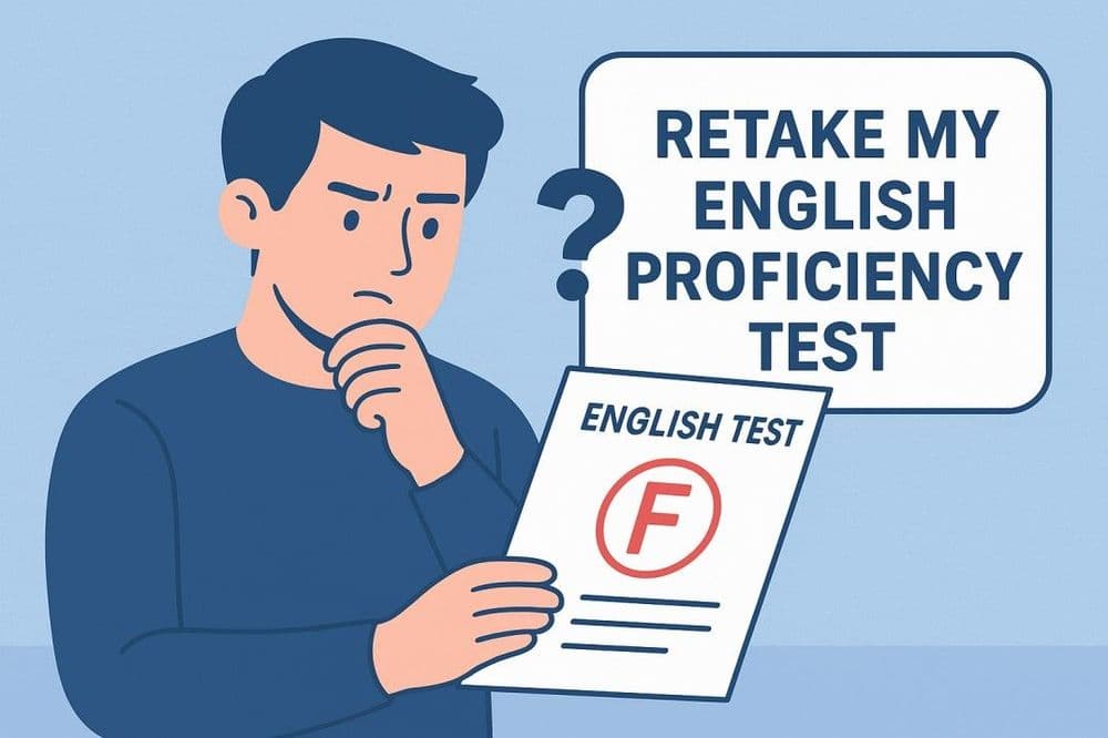 Illustration of a concerned person holding an English test marked with an "F." A speech bubble asks about retaking an English proficiency test.