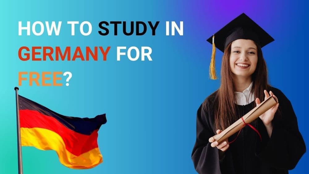 Student in graduation cap holding diploma with German flag and text about studying in Germany for free.