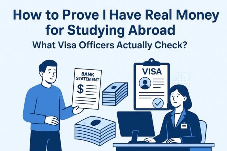 Illustration of a man holding a bank statement and a woman at a desk with a visa document. Text: "How to Prove I Have Real Money for Studying Abroad"