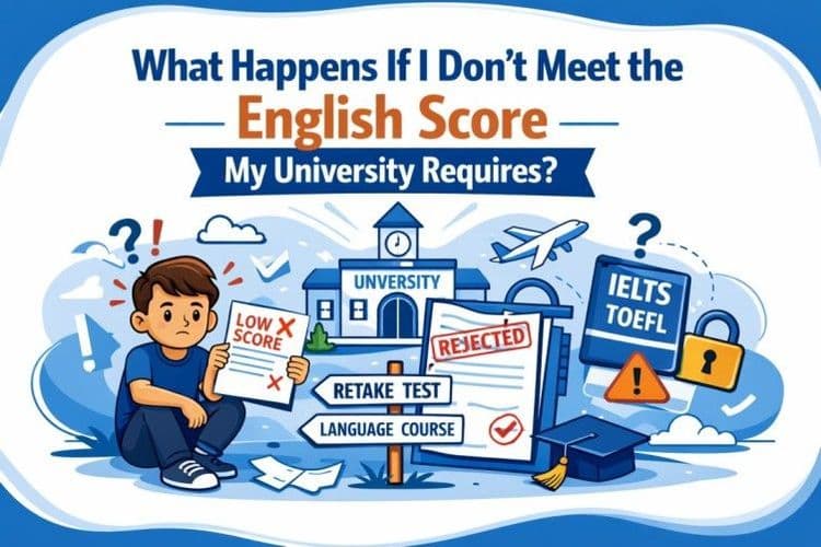 Illustration of a worried student holding a low English test score, with university, retake test, language course, and rejected symbols, referencing not meeting required English scores.