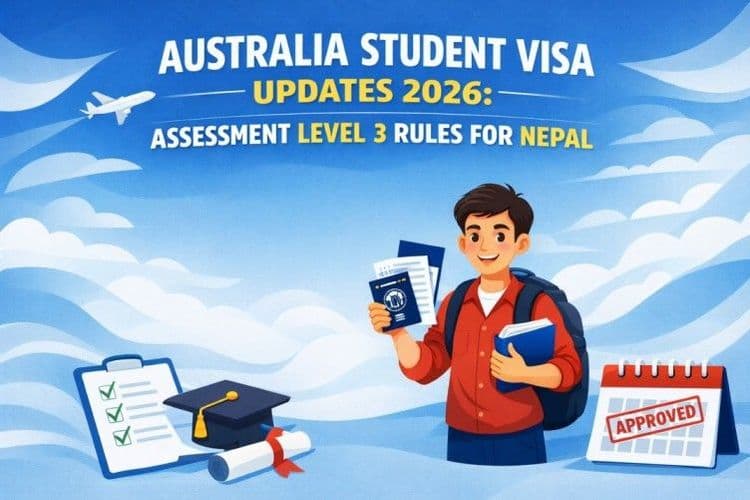 Smiling student with passport and books, checklist and graduation cap nearby, “Approved” calendar, airplane in sky. Text: Australia Student Visa Updates 2026: Level 3 Rules for Nepal.