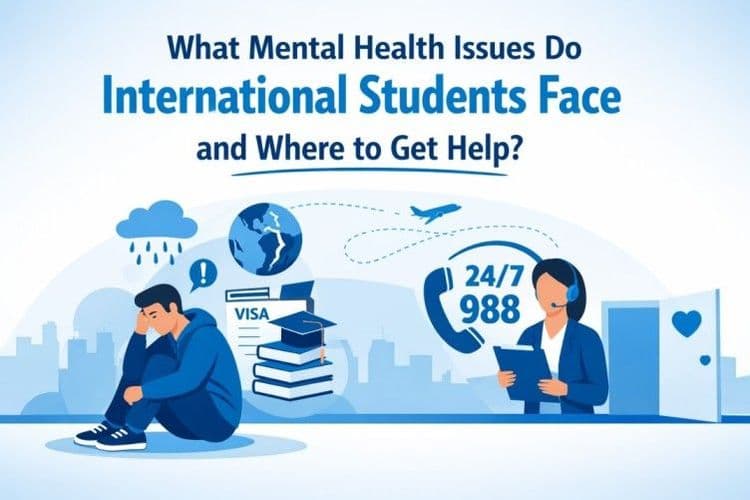 Worried student with books, visa, and globe, supported by a hotline worker. Text: 'Mental Health Issues for International Students'.