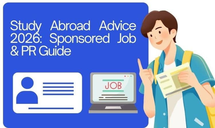 A cheerful illustration of a person holding documents, with a computer displaying "JOB" and an ID card. Text reads "Study Abroad Advice 2026: Sponsored Job & PR Guide