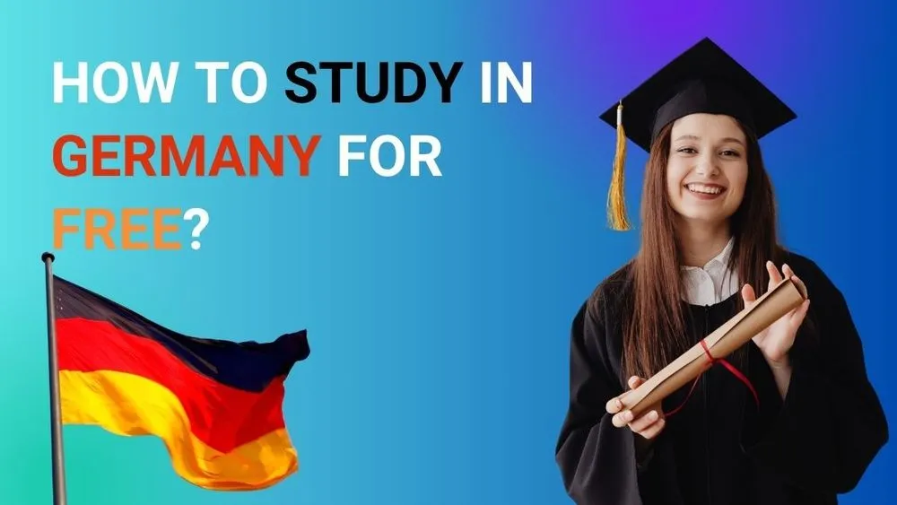 Student in graduation cap holding diploma with German flag and text about studying in Germany for free.