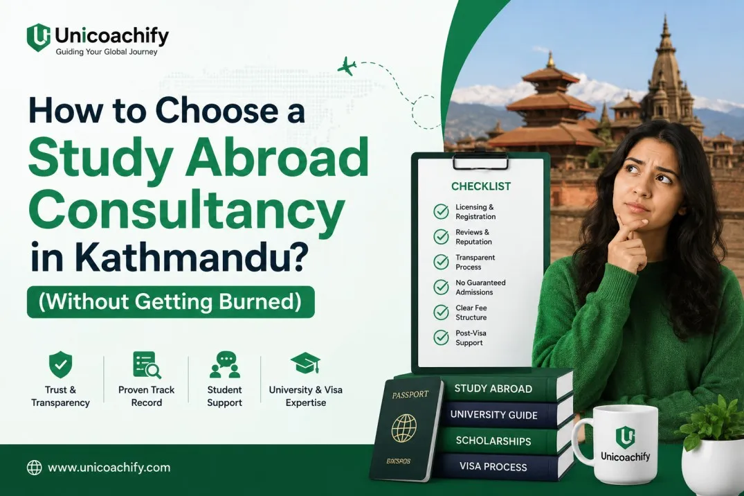 How to choose a study abroad consultancy in Kathmandu, with a checklist covering licensing, reviews, transparent fees, and visa support