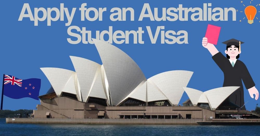 Illustration of the Sydney Opera House with an Australian flag, a graduate cartoon holding a diploma, and the text "Apply for an Australian Student Visa."