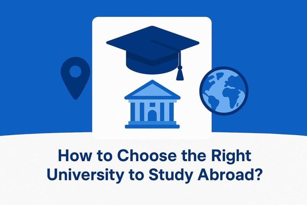 Graphic featuring a graduation cap, university building, location pin, and globe that represent how to choose the right university to study abroad.