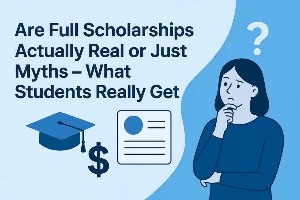 Student ponders with a question mark above her head. Text reads, "Are Full Scholarships Actually Real or Just Myths – What Students Really Get." Symbols of a cap, dollar sign, and document are shown.