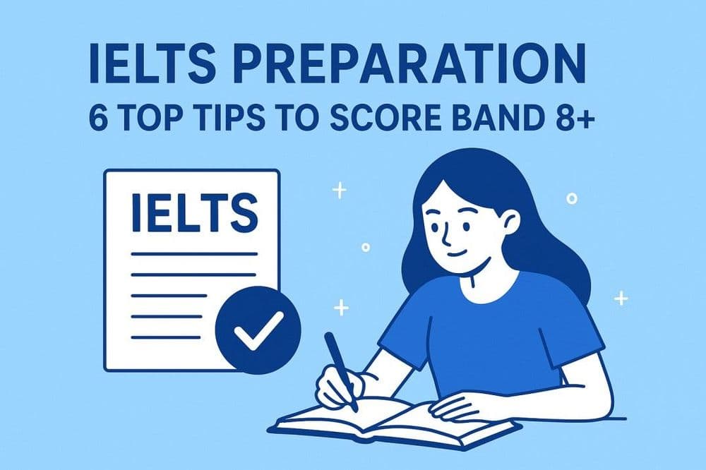 Blue-themed image titled "IELTS Preparation: 6 Top Tips to Score Band 8+." Shows a girl writing in a book next to an IELTS paper with a checkmark.