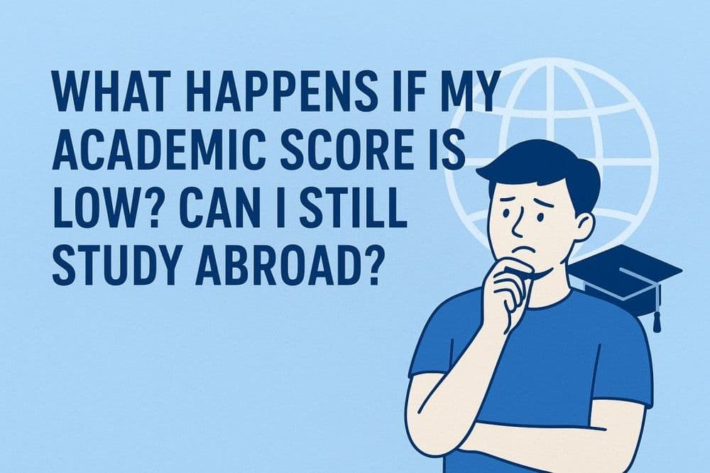 Illustration of a thoughtful person beside text "What happens if my academic score is low? Can I still study abroad?" with a globe and graduation cap.