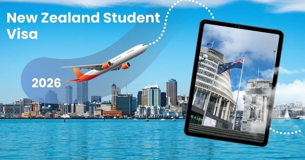 New Zealand Student Visa 2026. Features a flying airplane over a city skyline, with a tablet showing iconic buildings