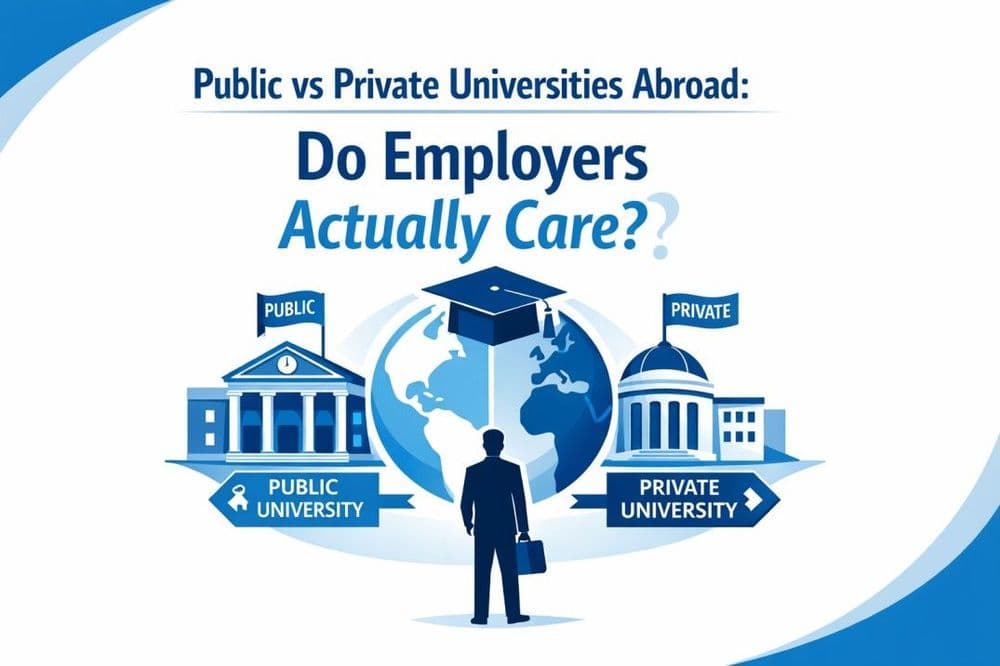 A person holding a briefcase stands between a public and a private university. Text: "Public vs Private Universities Abroad: Do Employers Actually Care?" Above a globe with a graduation cap.