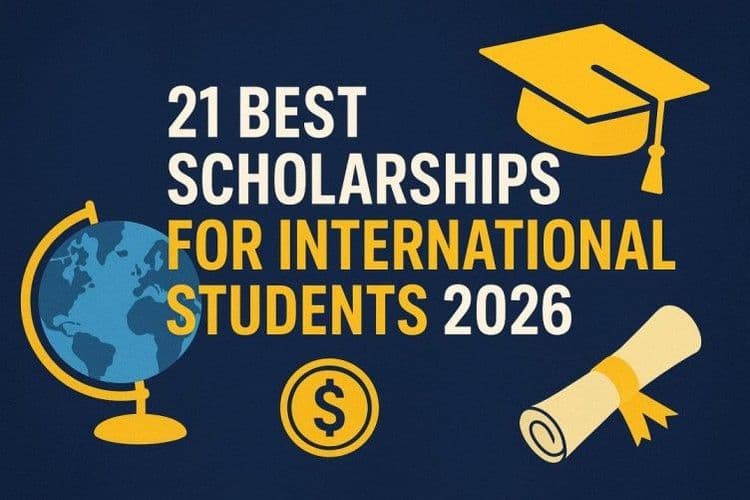 Graphic with the text "21 Best Scholarships for International Students 2026" in white and yellow. Icons of a globe, graduation cap, coin, and diploma are included.