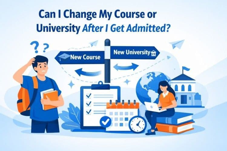 Illustration of a student holding books, pondering under a signpost with "New Course" and "New University." A woman uses a laptop beside educational symbols.