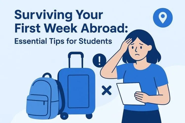 Graphic showing a student abroad with suitcase for first-week tips.