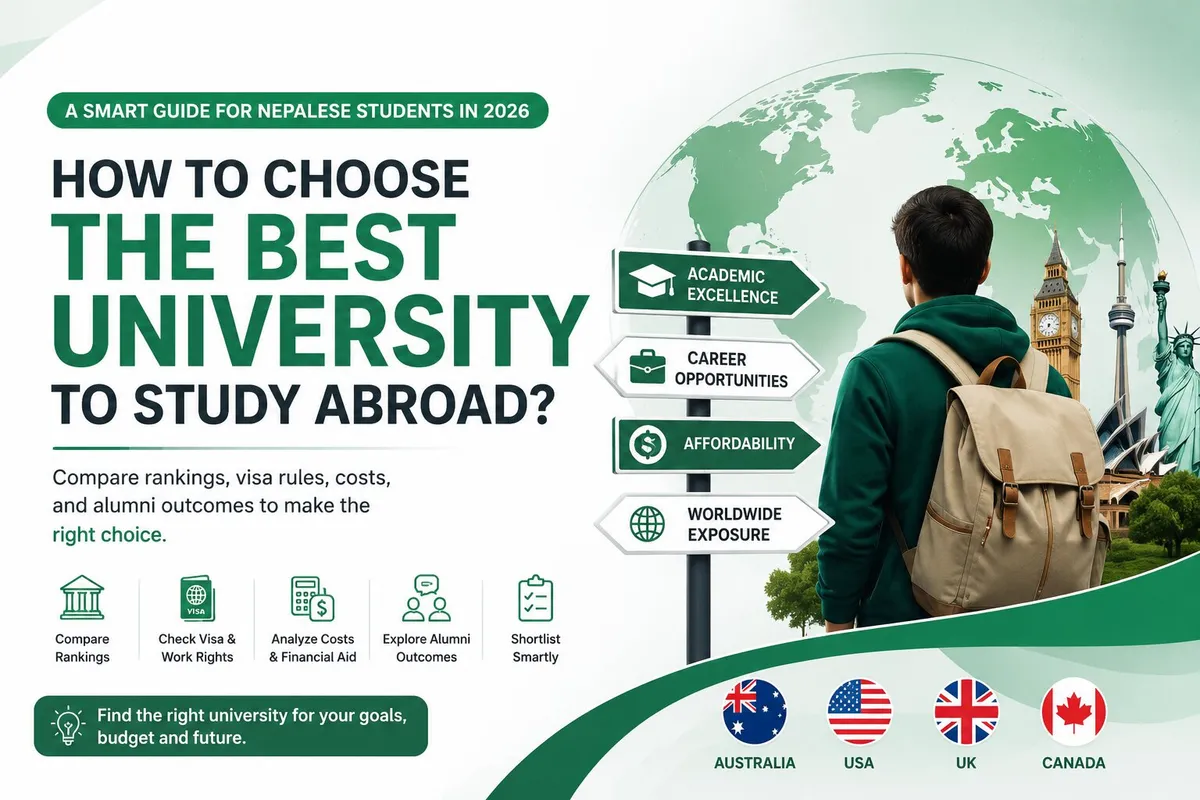 Student choosing the best university to study abroad with global landmarks and study abroad…