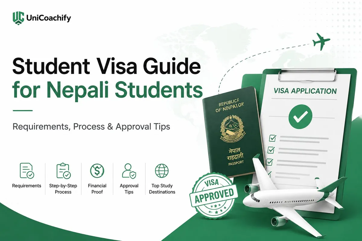 Student Visa Guide for Nepali Students showing visa application checklist, Nepal passport,…
